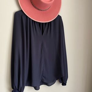 Navy Blouse with neck and wrist ruffle